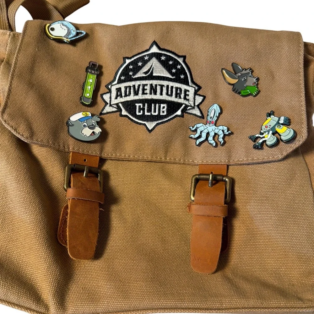 Adventure Club Tan Khaki Canvas Messenger Bag with Enamel Pins Satchel Crossbody